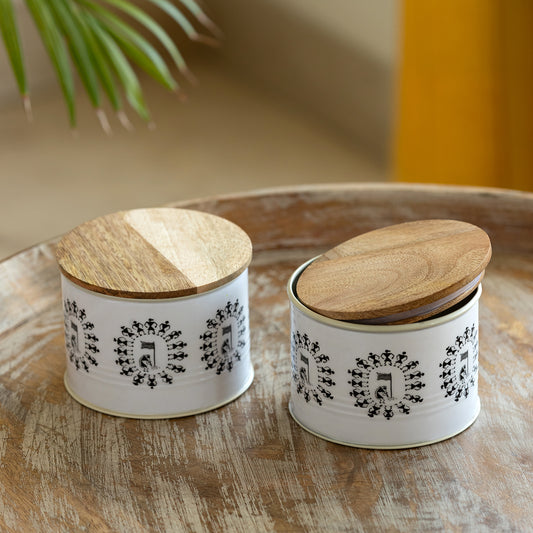 Warli Tales – Hand-Enamelled Iron Storage Jar Set with Mango Wood Lids (480 ml x 2)