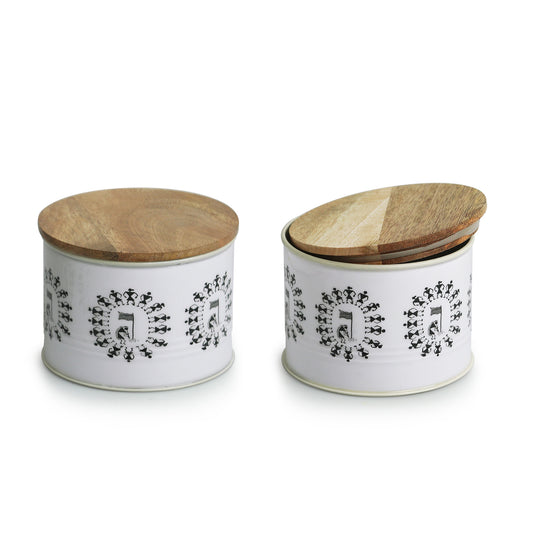 Warli Tales – Hand-Enamelled Iron Storage Jar Set with Mango Wood Lids (480 ml x 2)