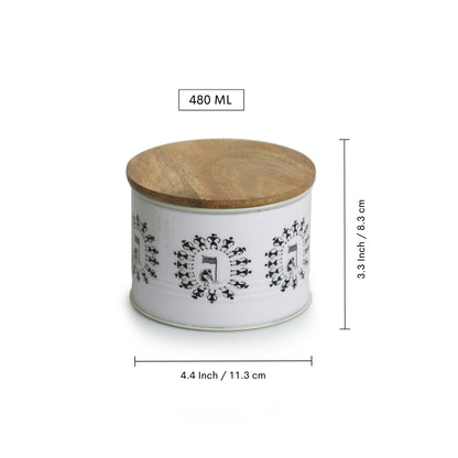 Warli Tales – Hand-Enamelled Iron Storage Jar Set with Mango Wood Lids (480 ml x 2)
