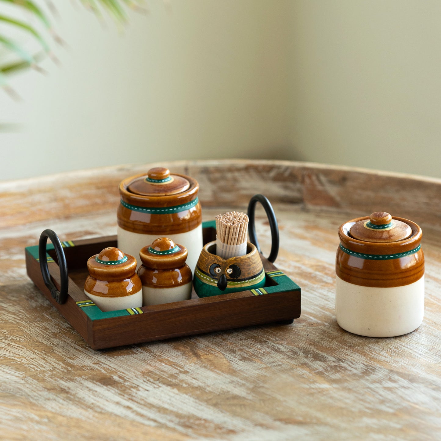 Old Martaban Multi-Purpose Ceramic Pickle and Jam Jar Set With Salt and Pepper Shakers Set and Tray