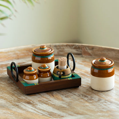 Old Martaban Multi-Purpose Ceramic Pickle and Jam Jar Set With Salt and Pepper Shakers Set and Tray