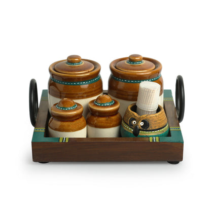 Old Martaban Multi-Purpose Ceramic Pickle and Jam Jar Set With Salt and Pepper Shakers Set and Tray