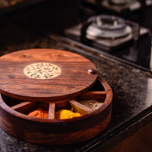 'Forest Bloom' Sheesham Wood Spice Box with Burnt Floral Motifs (9 Compartments)
