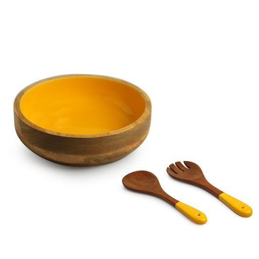 Honey Hive – Hand-Enamelled Wooden Salad Bowl with Servers (700 ML, Set of 3)