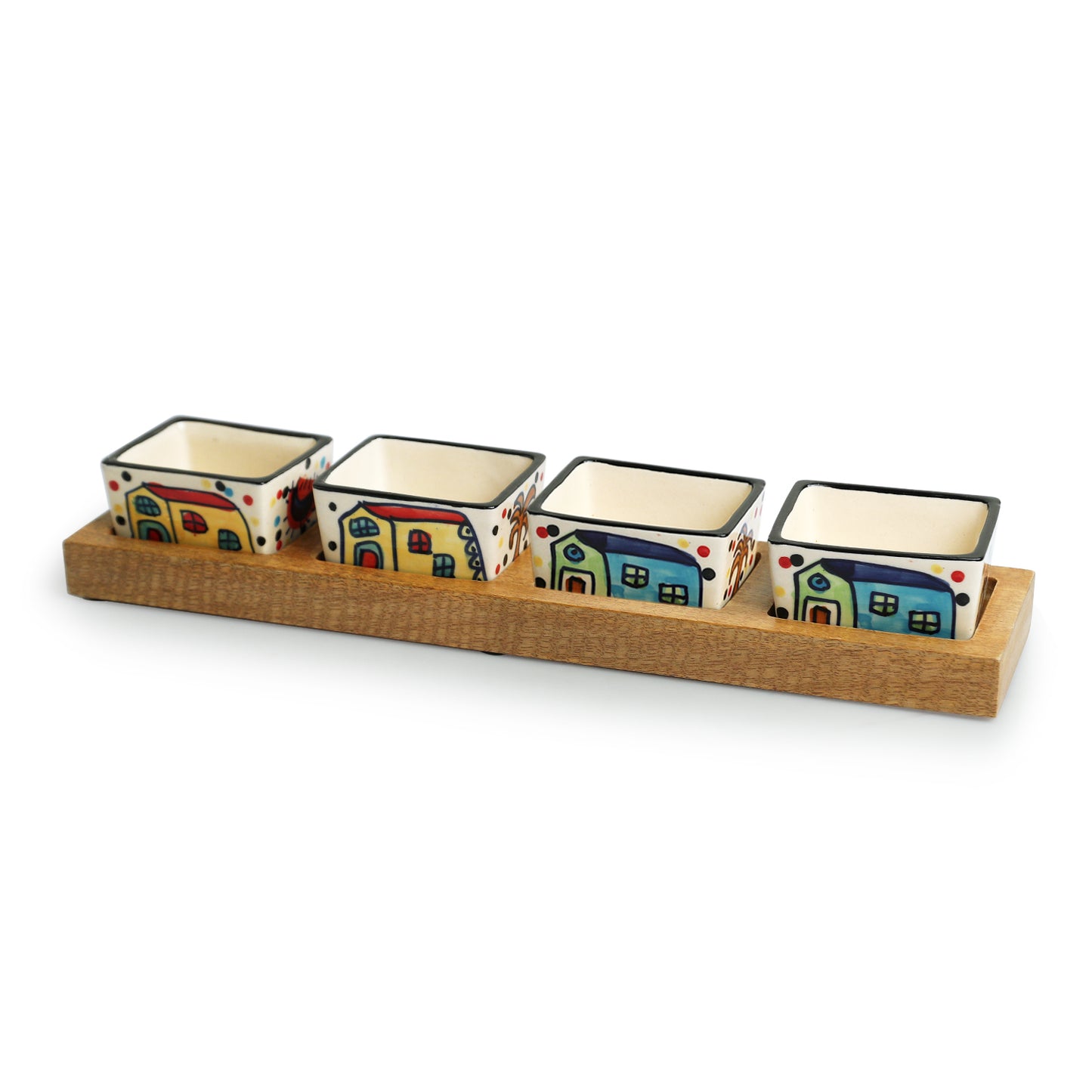 The Hut Hand-Painted Ceramic Chutney & Dip Bowls With Wooden Tray