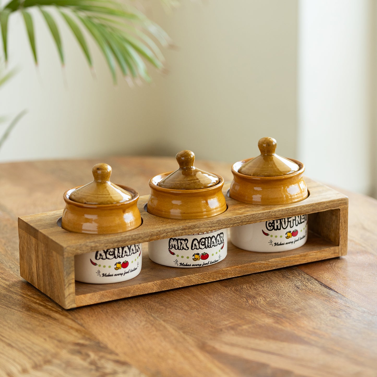 Old Martaban - Multi-Purpose Ceramic Pickle & Chutney Jar Set With Wooden Holder