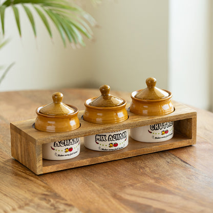 Old Martaban - Multi-Purpose Ceramic Pickle & Chutney Jar Set With Wooden Holder