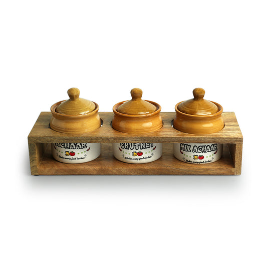 Old Martaban - Multi-Purpose Ceramic Pickle & Chutney Jar Set With Wooden Holder