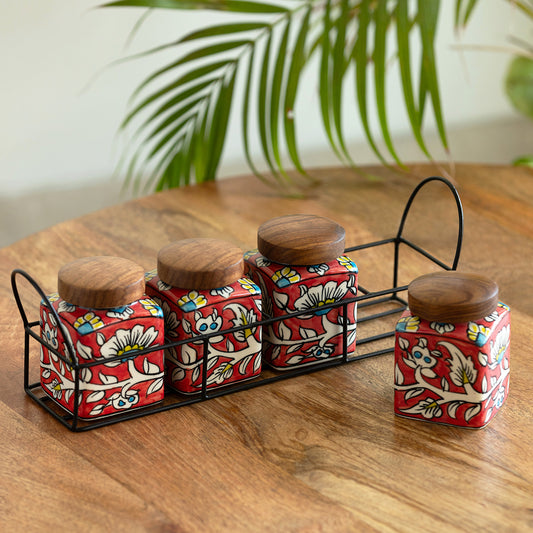 Mughal Quartet – Hand-painted Ceramic Storage Jar Set with Iron Holder