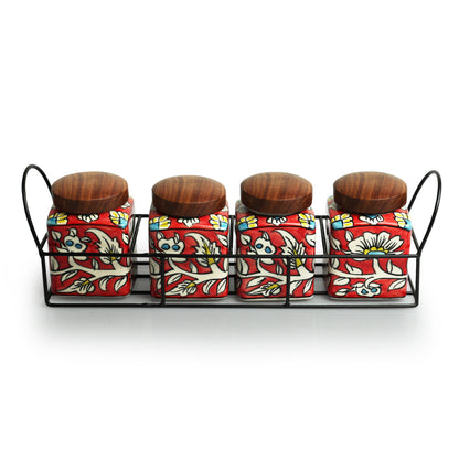 Mughal Quartet – Hand-painted Ceramic Storage Jar Set with Iron Holder