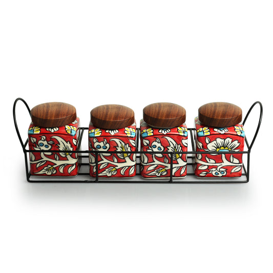 Mughal Quartet – Hand-painted Ceramic Storage Jar Set with Iron Holder