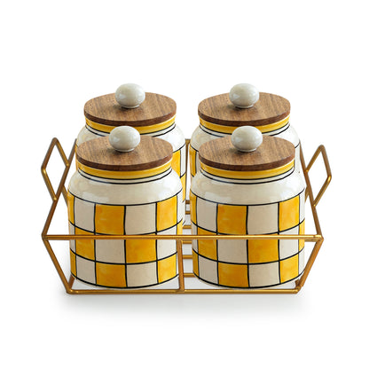 Shatranj Checkered Multi-Purpose Storage Jars and Containers In Ceramic With Iron Holder