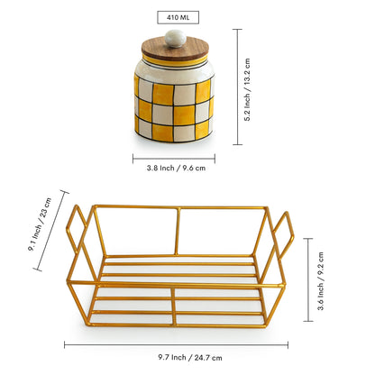 Shatranj Checkered Multi-Purpose Storage Jars and Containers In Ceramic With Iron Holder