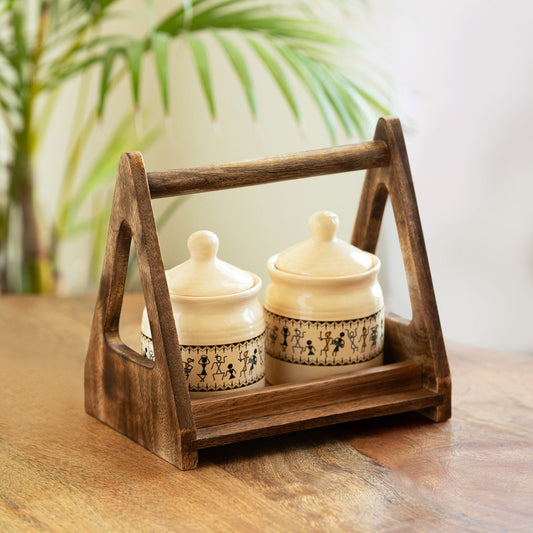 Whispers of Warli – Ceramic Jar Set with Wooden Holder (Set of 2, 280 ml each