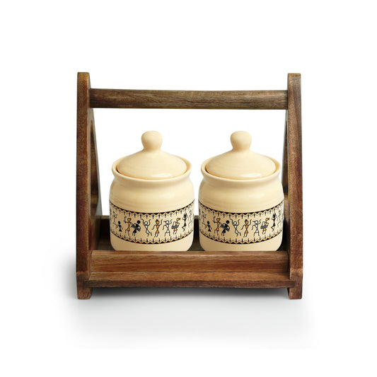 Whispers of Warli – Ceramic Jar Set with Wooden Holder (Set of 2, 280 ml each