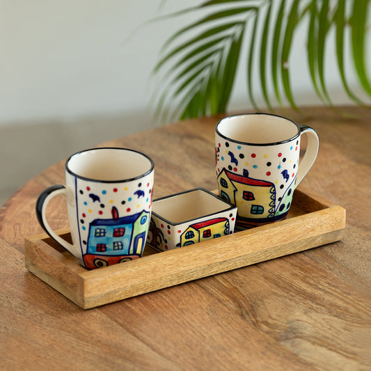 The Hut - Ceramic Tea and Coffee Mugs With Nut Bowl & Wooden Tray