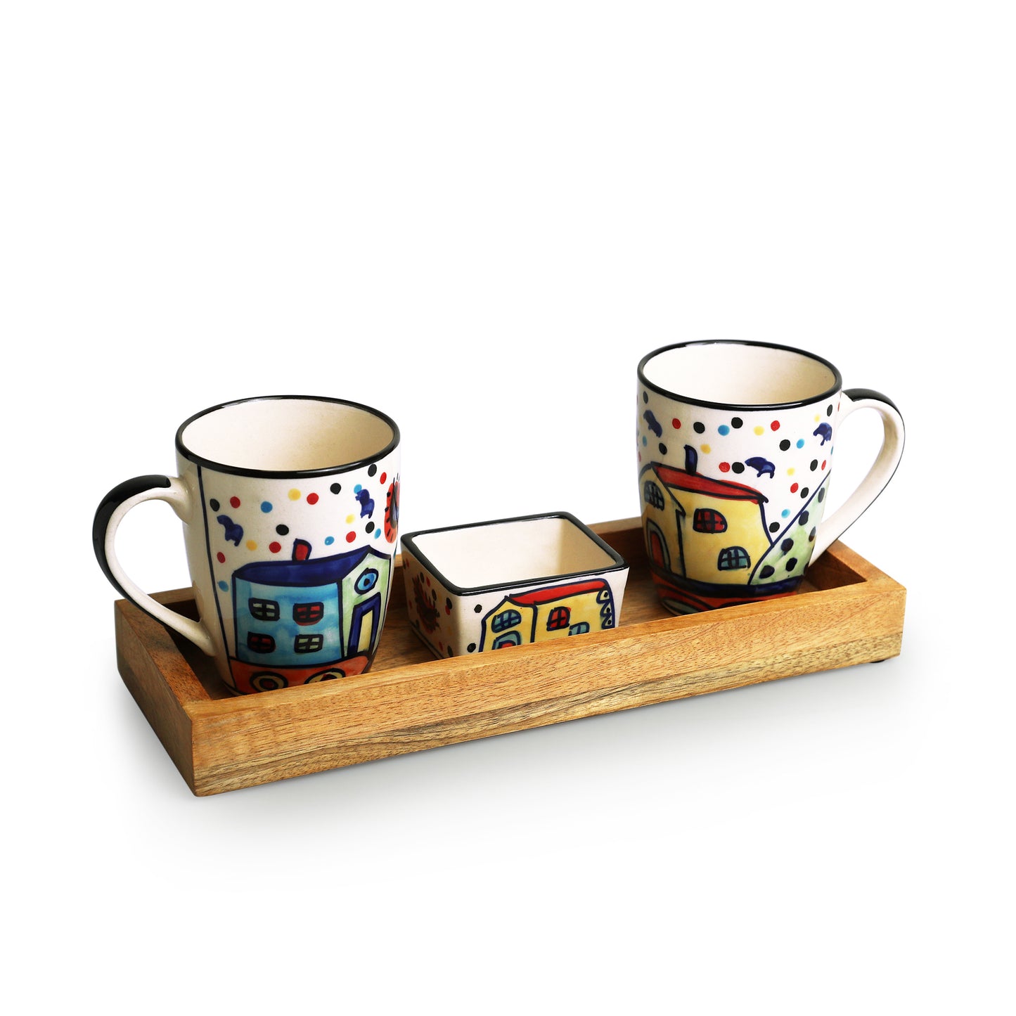 The Hut - Ceramic Tea and Coffee Mugs With Nut Bowl & Wooden Tray