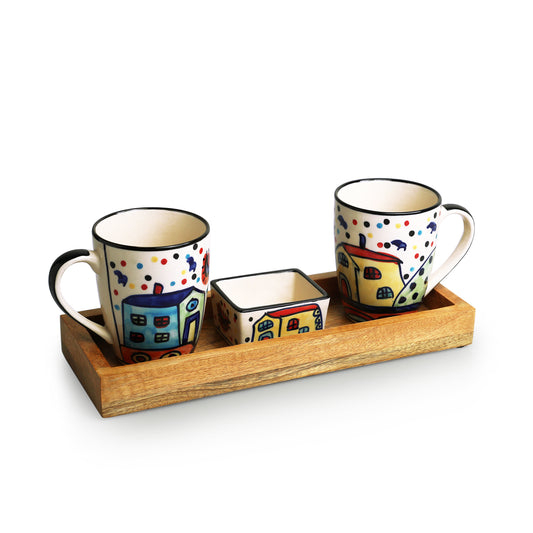 The Hut - Ceramic Tea and Coffee Mugs With Nut Bowl & Wooden Tray