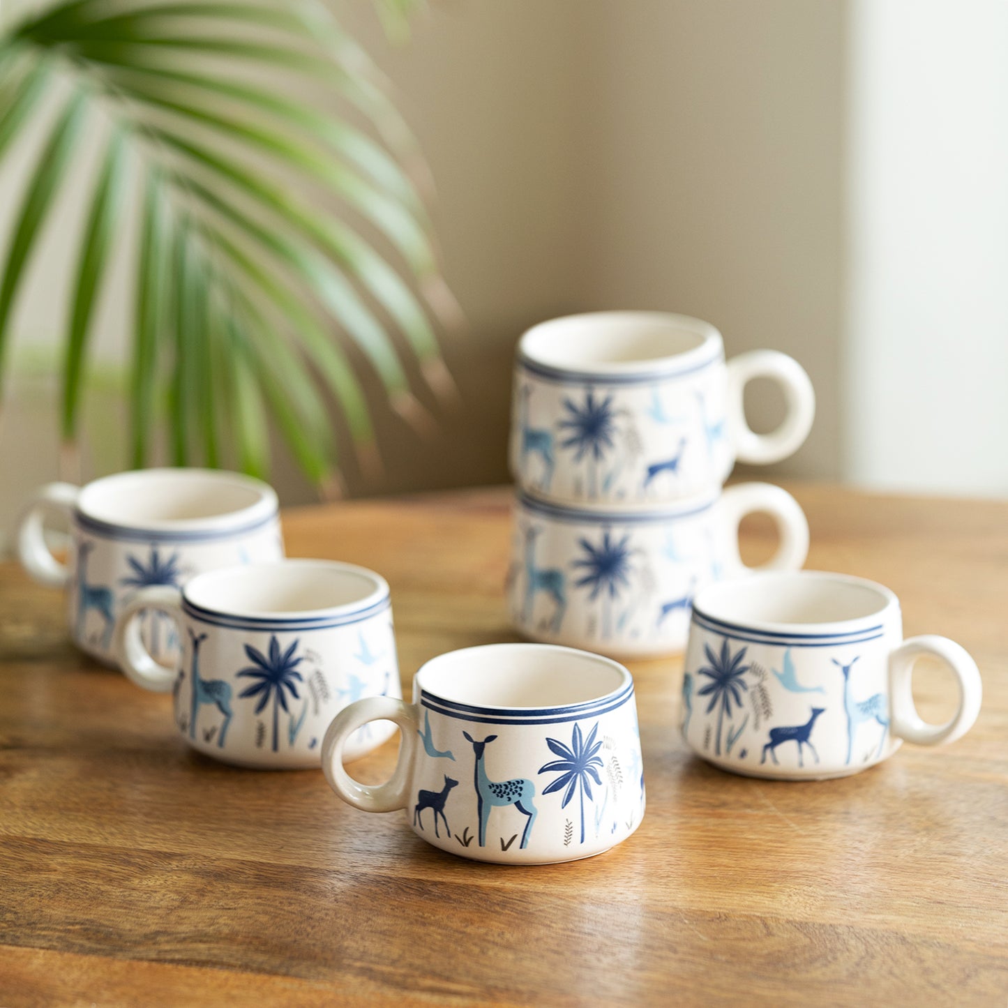 Deer and Floral Ceramic Tea and Coffee Cup Set (Set of 6)