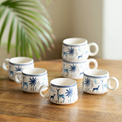 Deer and Floral Ceramic Tea and Coffee Cup Set (Set of 6)