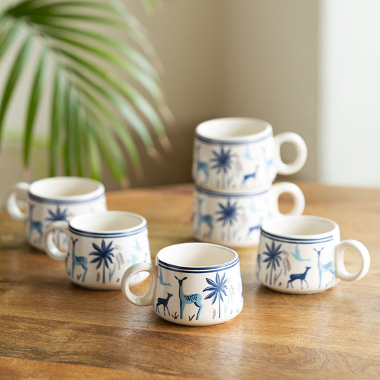 Deer and Floral Ceramic Tea and Coffee Cup Set (Set of 6)