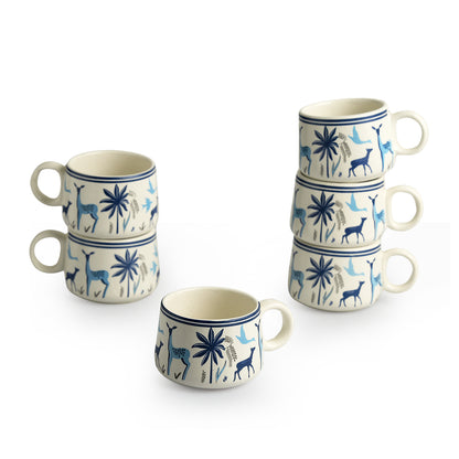 Deer and Floral Ceramic Tea and Coffee Cup Set (Set of 6)