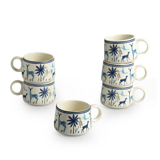 Deer and Floral Ceramic Tea and Coffee Cup Set (Set of 6)