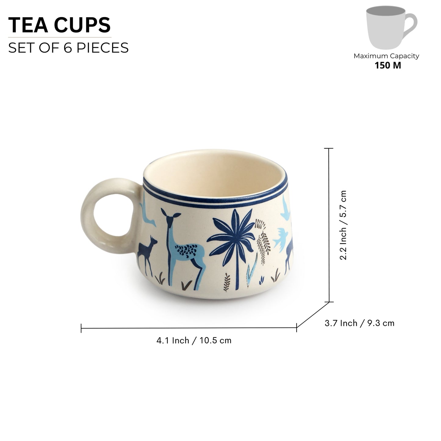 Deer and Floral Ceramic Tea and Coffee Cup Set (Set of 6)