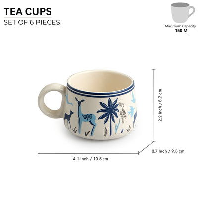 Deer and Floral Ceramic Tea and Coffee Cup Set (Set of 6)