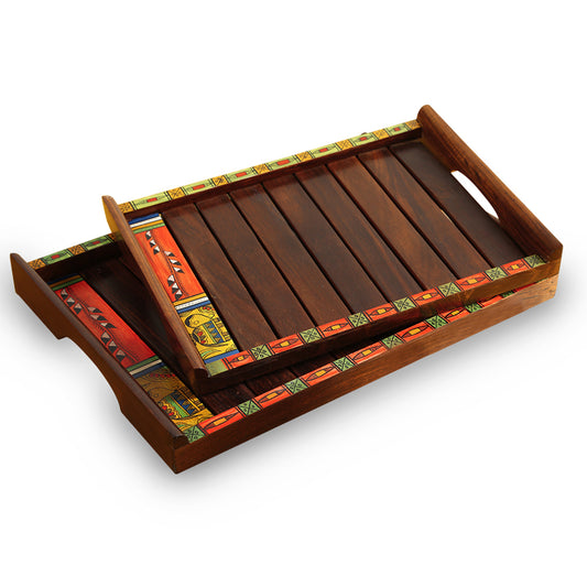 “Folkwood Frames” Madhubani Hand-Painted Nested Trays in Sheesham Wood (Set of 2)