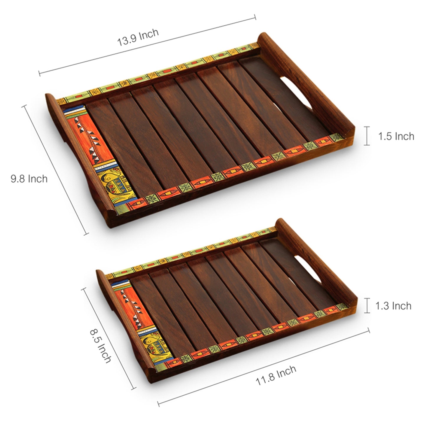 “Folkwood Frames” Madhubani Hand-Painted Nested Trays in Sheesham Wood (Set of 2)