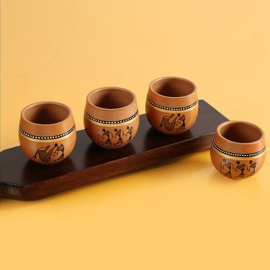 New-Old World Charms – Warli Hand-Painted Terracotta Kulhad Coffee and Tea Set (Set of 4)