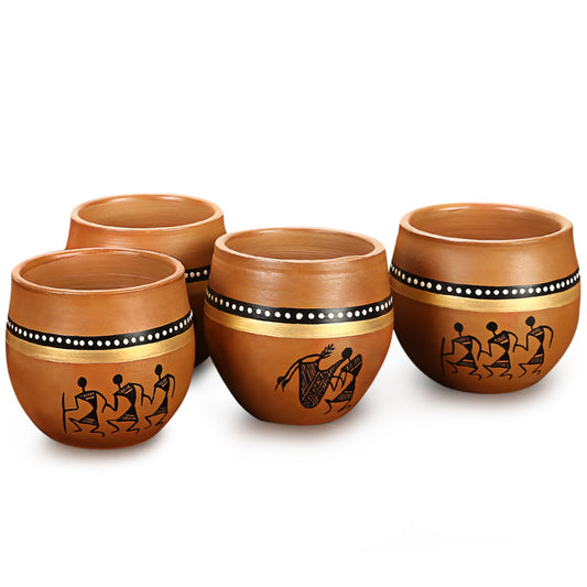 New-Old World Charms – Warli Hand-Painted Terracotta Kulhad Coffee and Tea Set (Set of 4)