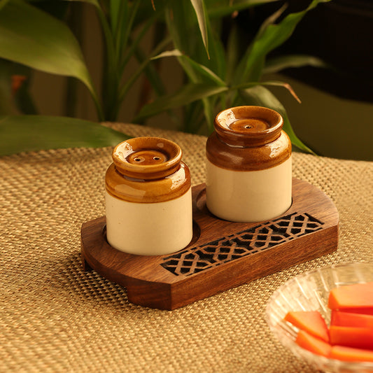 “Mughal Morsels” Handcrafted Salt & Pepper Shaker Set with Carved Sheesham Tray