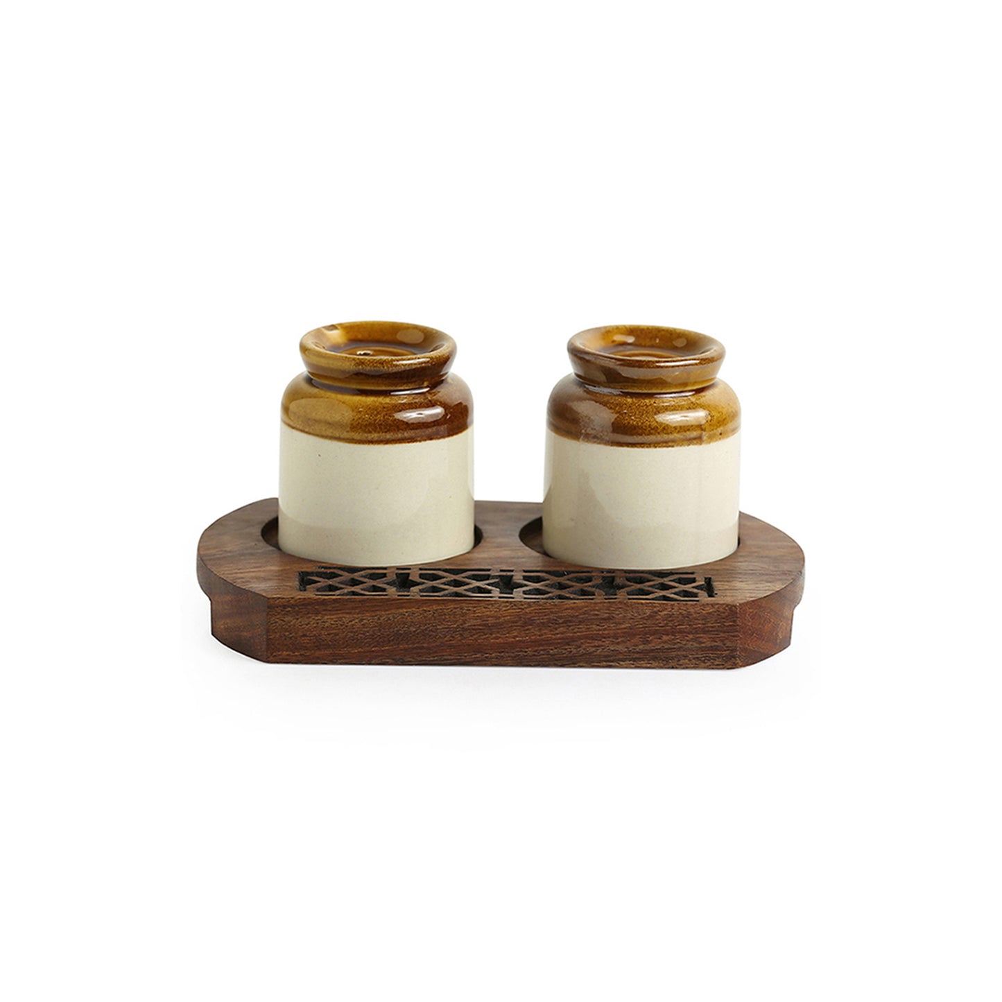 “Mughal Morsels” Handcrafted Salt & Pepper Shaker Set with Carved Sheesham Tray