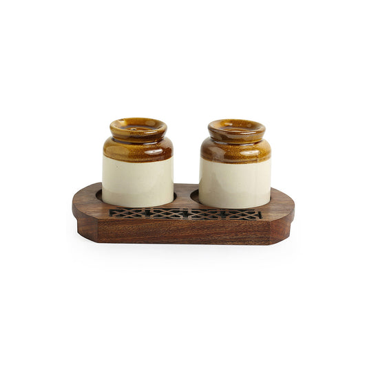“Mughal Morsels” Handcrafted Salt & Pepper Shaker Set with Carved Sheesham Tray