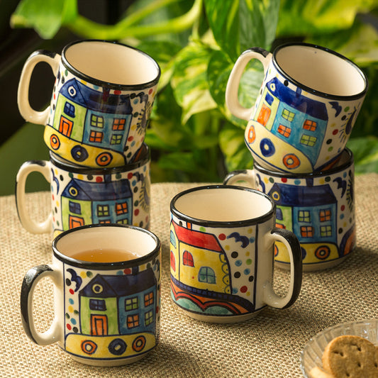 Hand-Painted Ceramic Tea and Coffee Set – "Hut & Nature" Collection (Set of 6)