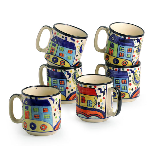 Hand-Painted Ceramic Tea and Coffee Set – "Hut & Nature" Collection (Set of 6)