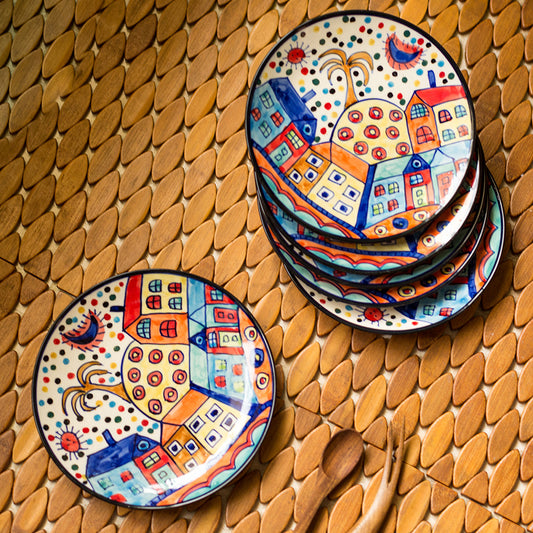 'Village Whispers' Hand-Painted Ceramic Quarter Plates (Set of 6)