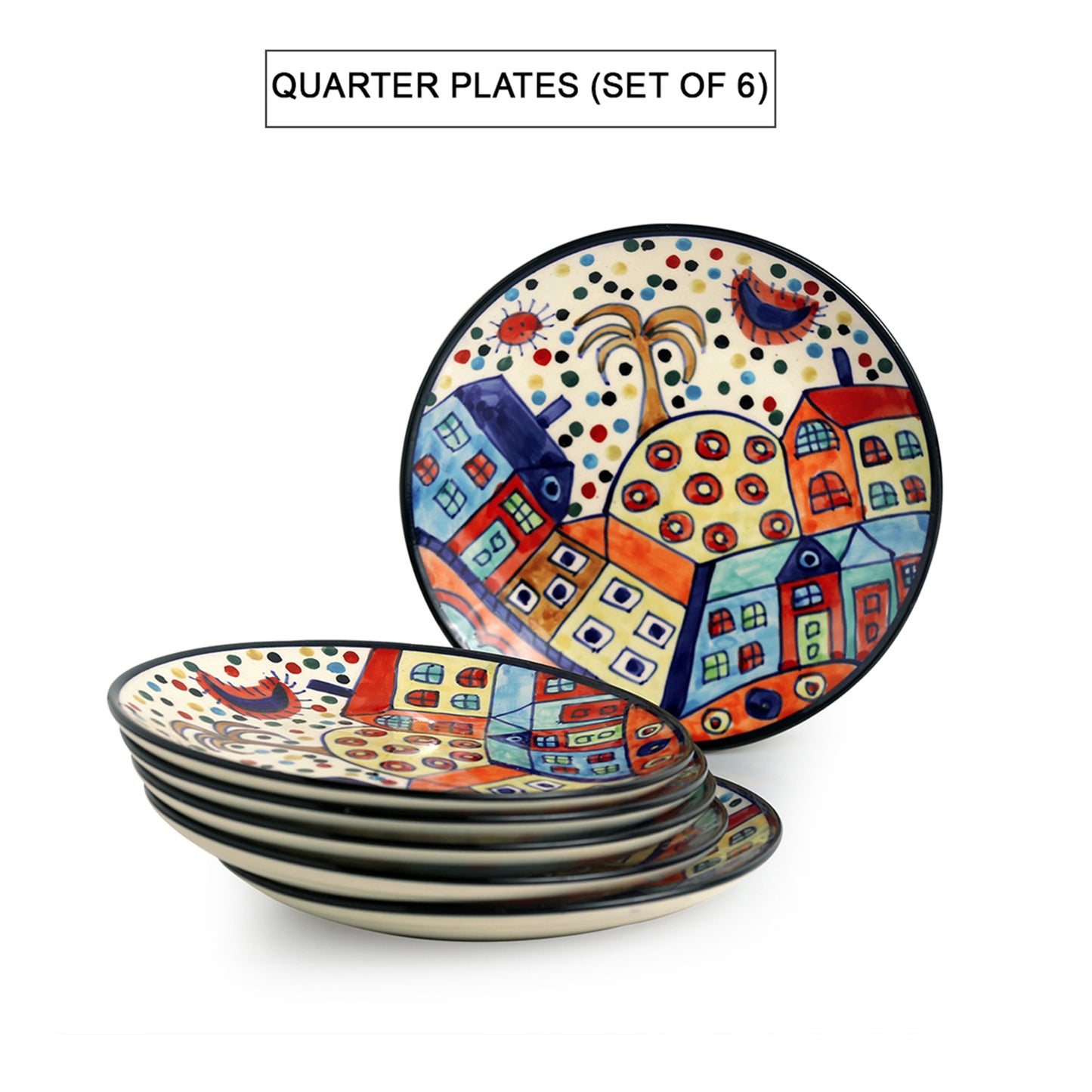 'Village Whispers' Hand-Painted Ceramic Quarter Plates (Set of 6)