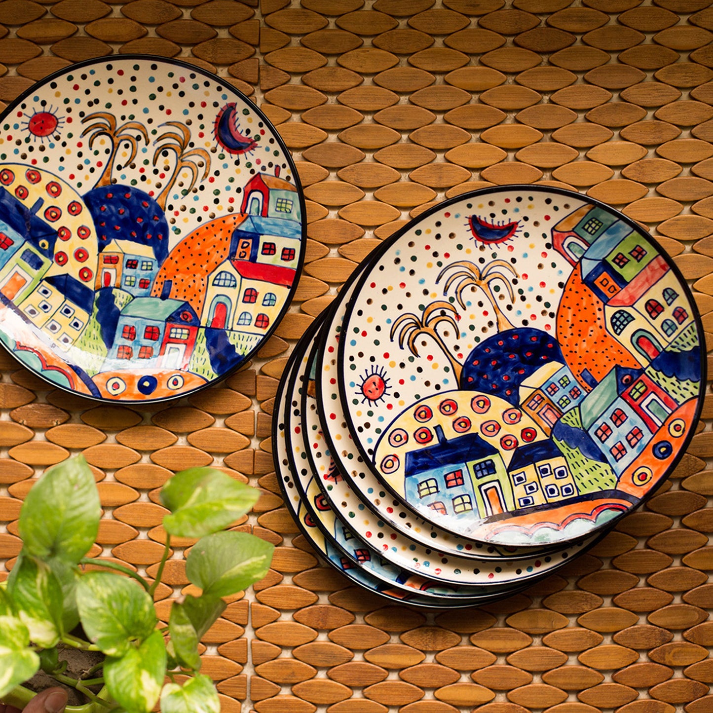 ‘Whispers of Puducherry’ Hand-Painted Dinner Plates (Set of 2, 10.3")