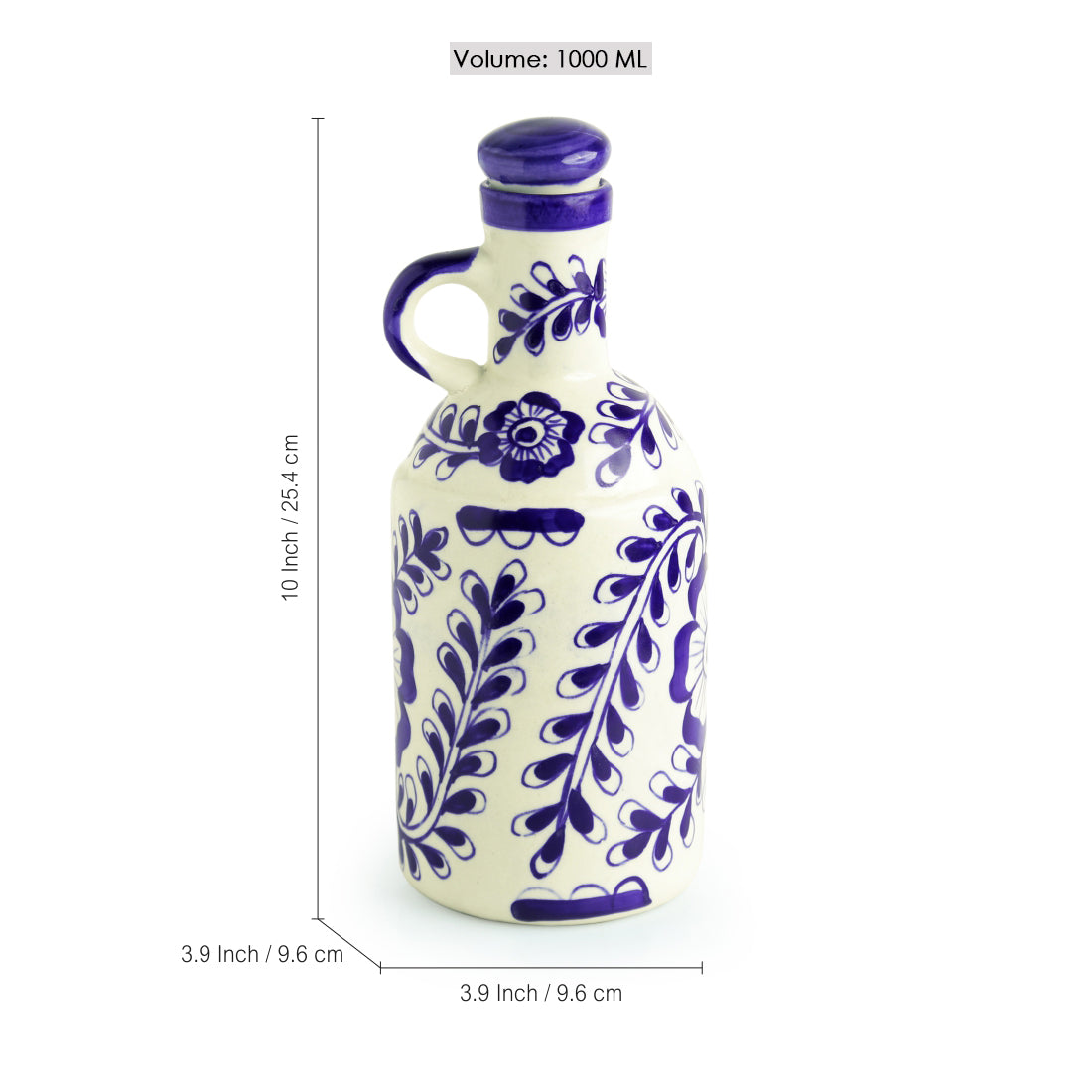 “Flowy Flora” Hand-Painted Mughal Ceramic Oil Bottle (1000 ml) – Ink Blue & White Elegance