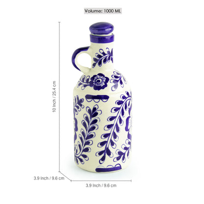 “Flowy Flora” Hand-Painted Mughal Ceramic Oil Bottle (1000 ml) – Ink Blue & White Elegance