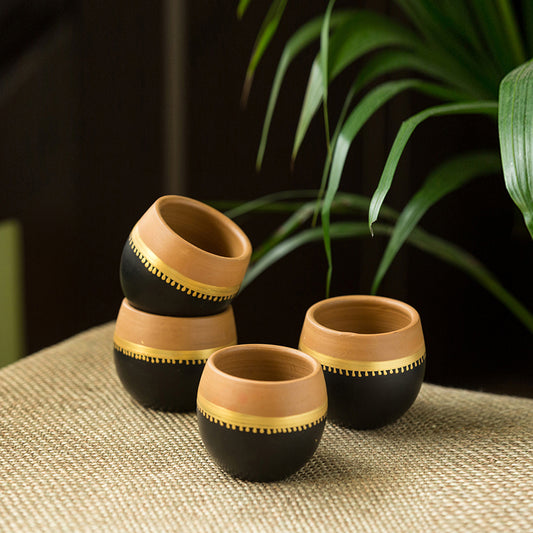 Jet Black and Gold Madhubani Coffee and Tea Kullad Set (Set of 4)