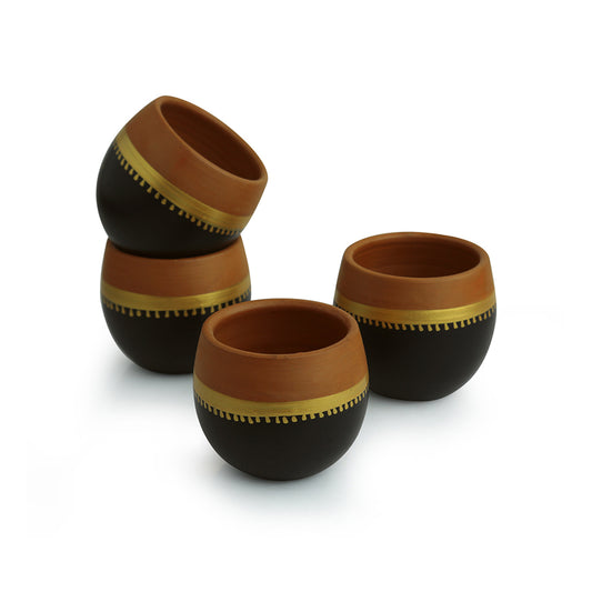 Jet Black and Gold Madhubani Coffee and Tea Kullad Set (Set of 4)
