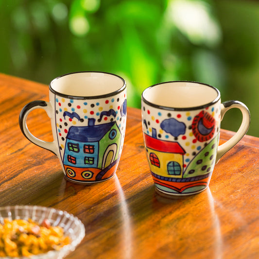 Hand-Painted Ceramic Mug Set – "Hut Pattern" (Pack of 2)