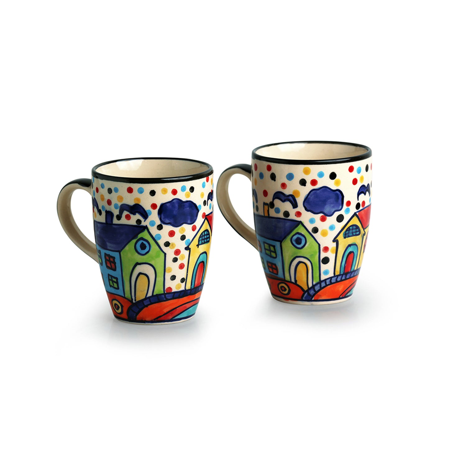 Hand-Painted Ceramic Mug Set – "Hut Pattern" (Pack of 2)