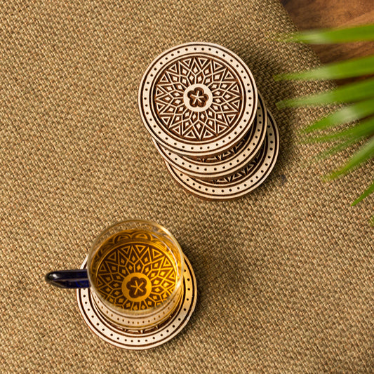 “Magnificent Mandala” Hand-Carved Sheesham Wood Coaster Set (Set of 4)