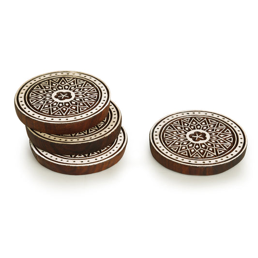 “Magnificent Mandala” Hand-Carved Sheesham Wood Coaster Set (Set of 4)