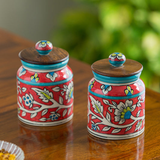 ‘Mughal Cylindrical Duo’ Airtight Floral Ceramic Storage Jars (Set of 2, 410 ml)